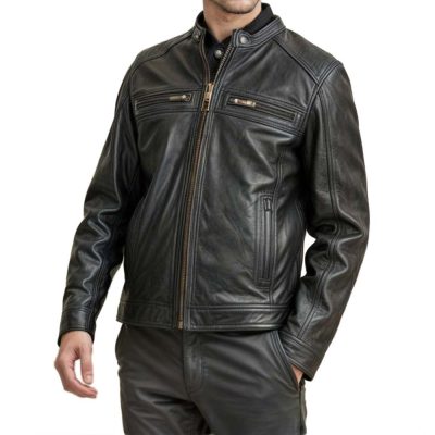 Black Leather Jacket with Patches Mens