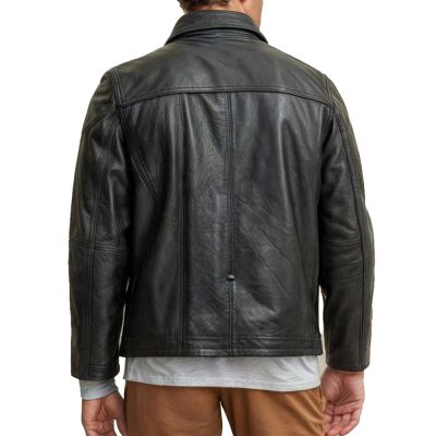 Black Shirt Collar Leather Jacket with Lining