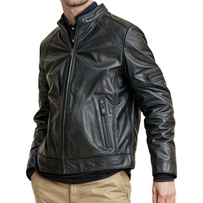 Black Genuine Stand Collar Leather Jacket Mens