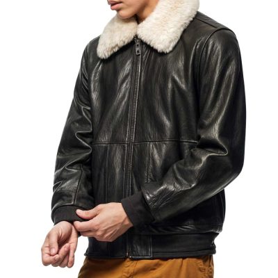 Shearling Fur Collar Leather Bomber Jacket