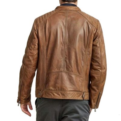 Quilted Tan Bran Leather Jacket Mens