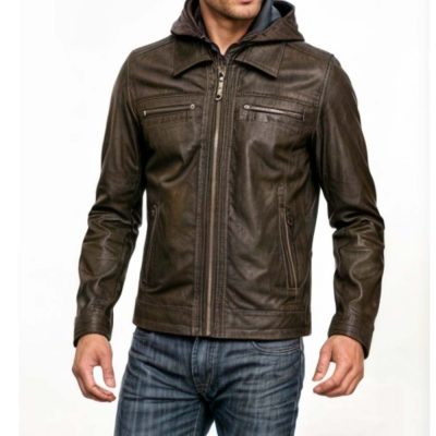 Brown Hooded Leather Jacket Mens