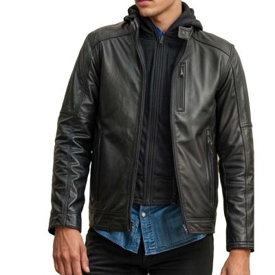Hooded Black Lined Leather Jacket Mens
