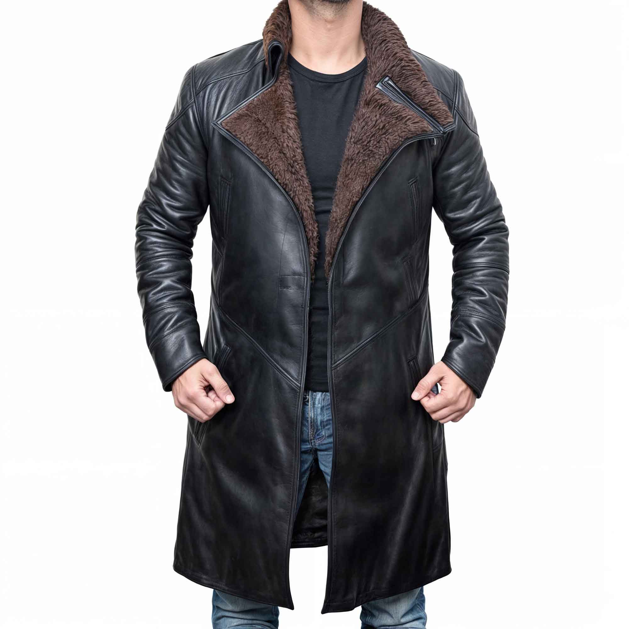 Black Shearling Trench Coat for Men's - Front Open View