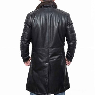 Black Shearling Trench Coat for Men's - Back View