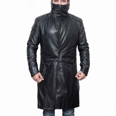 Black Shearling Trench Coat for Men's - Close Button View