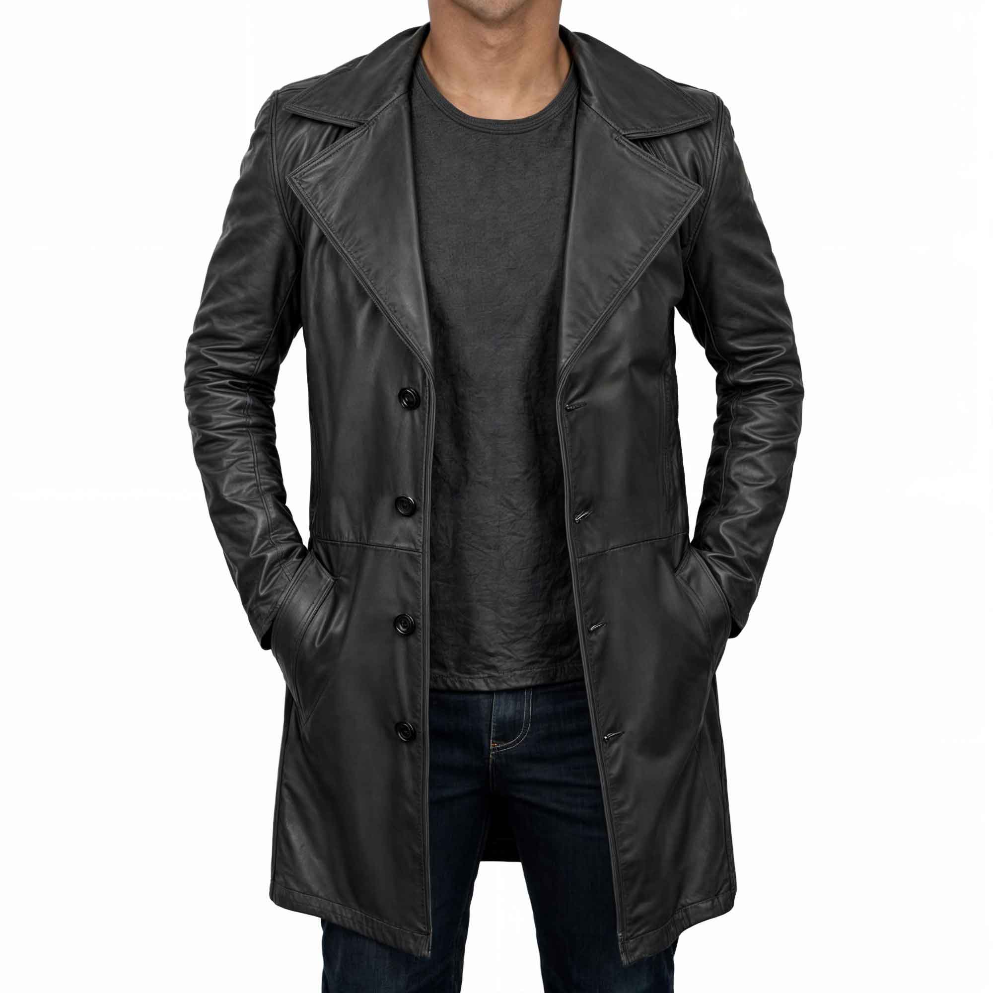 Men's Black Leather Trench Coat Full Length - Duster Trench Coat Front View