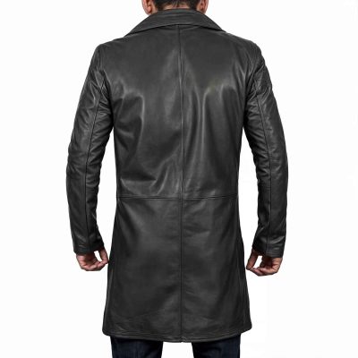 Men's Black Leather Trench Coat Full Length - Duster Trench Coat Back View