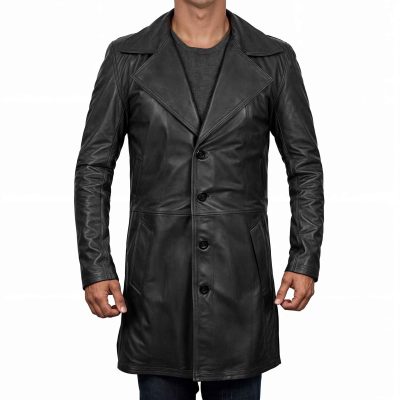 Men's Black Leather Trench Coat Full Length - Duster Trench Coat Close Button View
