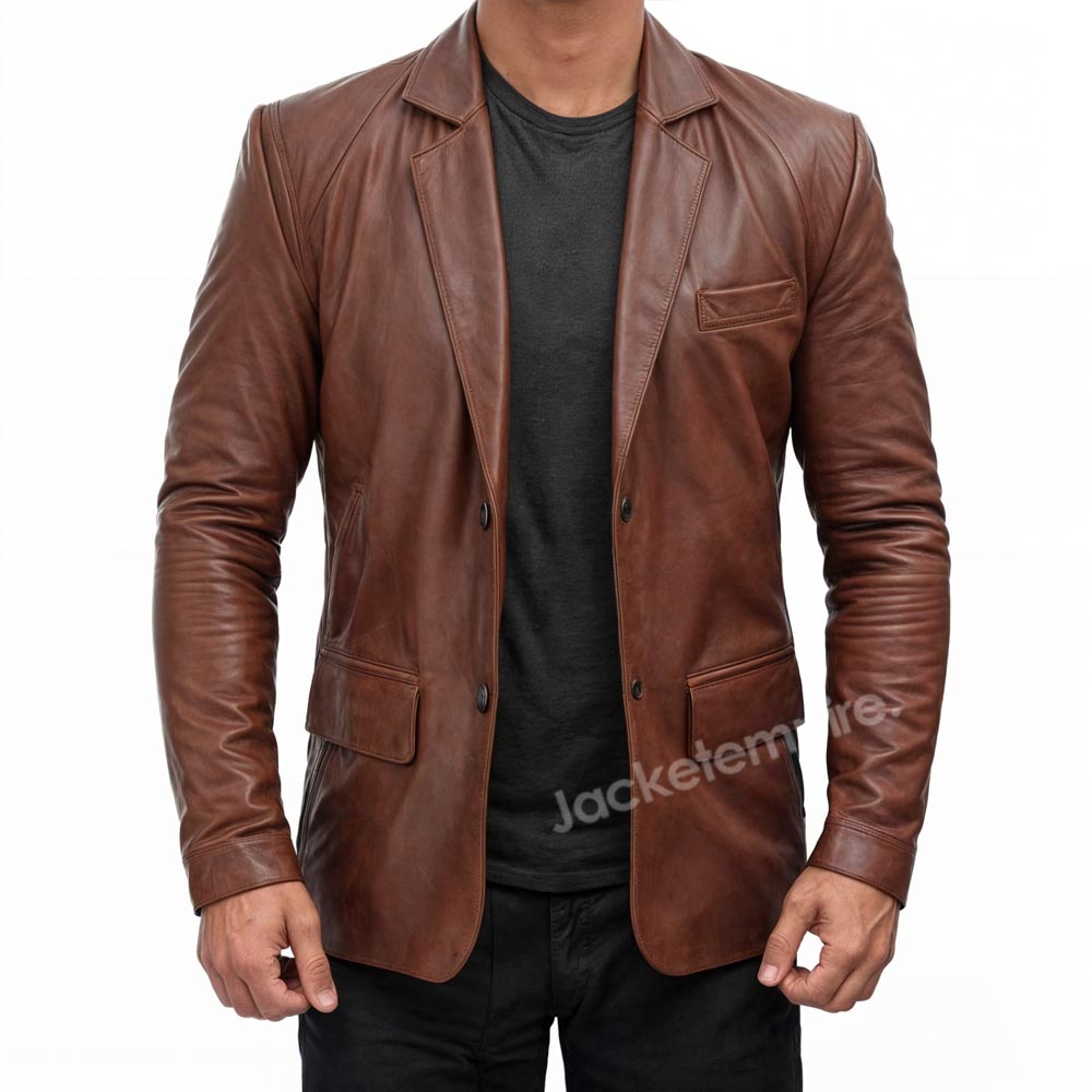 Stylish Brown Leather 3/4 Blazer Men’s - Front View