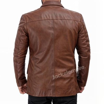 Stylish Brown Leather 3/4 Blazer Men’s - Back View