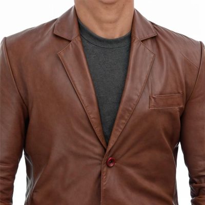 Stylish Brown Leather 3/4 Blazer Men’s - Front Close View