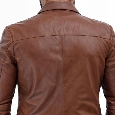 Stylish Brown Leather 3/4 Blazer Men’s - Close Back View