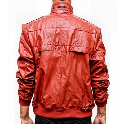 Front view of the Cobra Kai Red Leather Jacket, showcasing the button and zipper closure