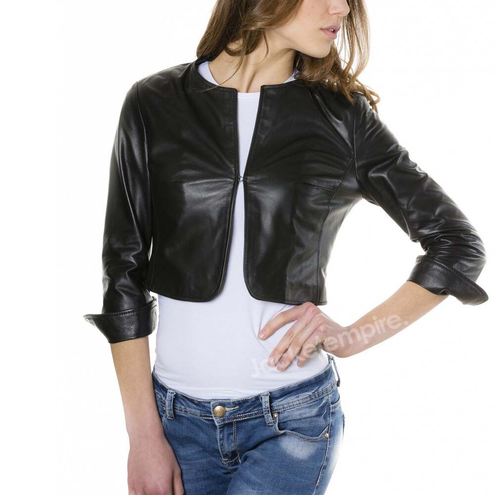 Black Super Cropped Leather Jacket: Front View