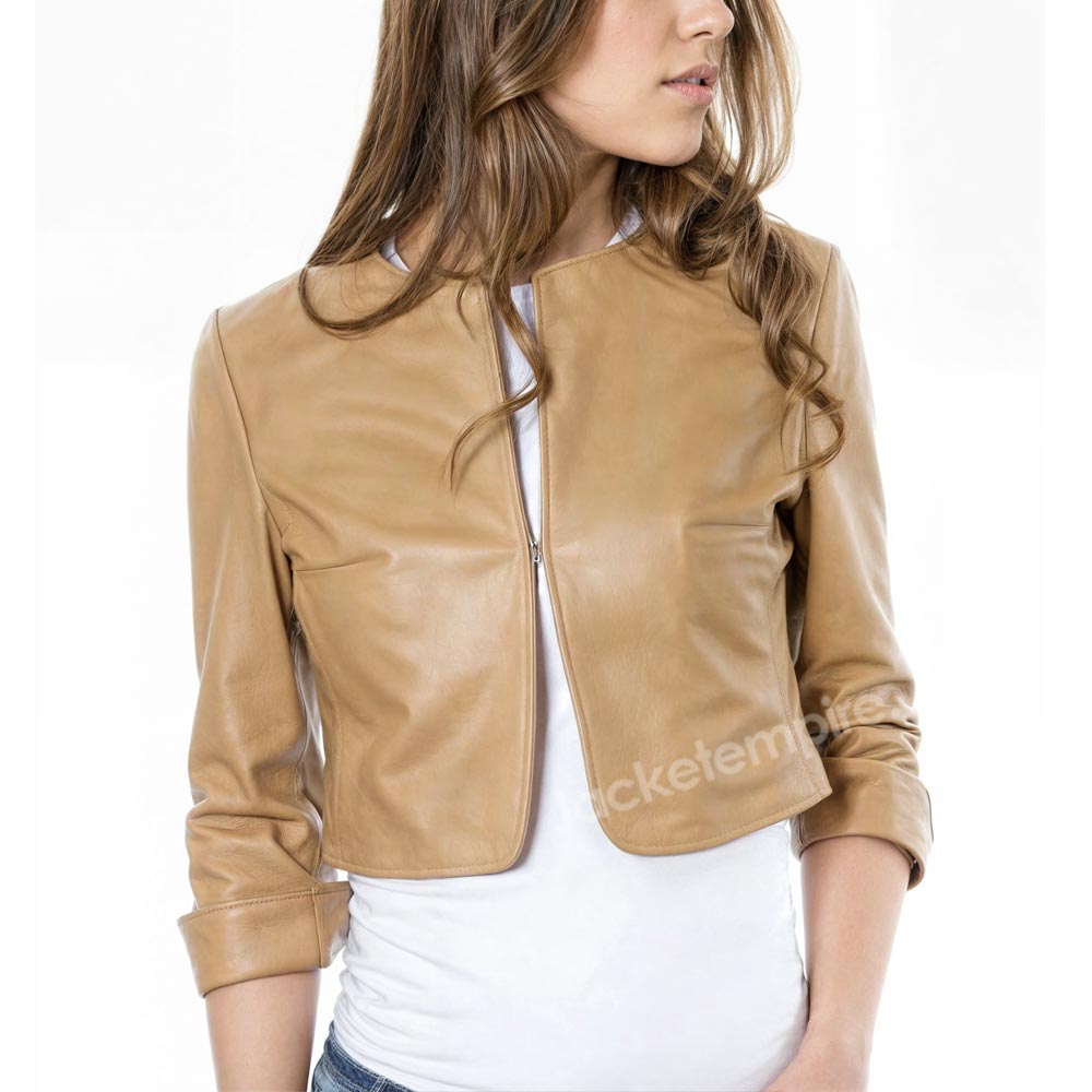 Super Cropped Tan Leather Jacket - Front View