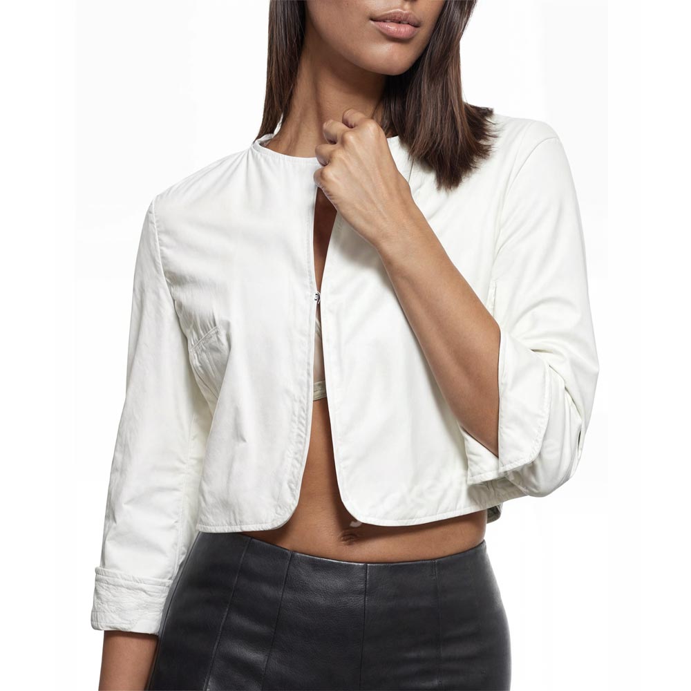 Super Cropped White Leather Jacket - Front View