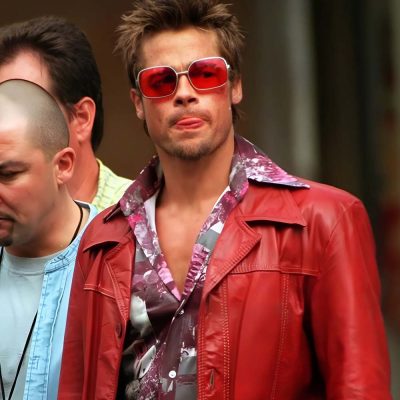 Close-up of the Tyler Durden Red Leather Jacket with intricate stitching