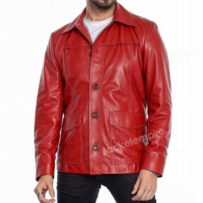 Man wearing the Tyler Durden Red Leather Jacket with confidence and attitude