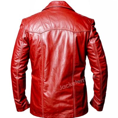 Back shot of the Tyler Durden Red Leather Jacket with a classic motorcycle jacket look