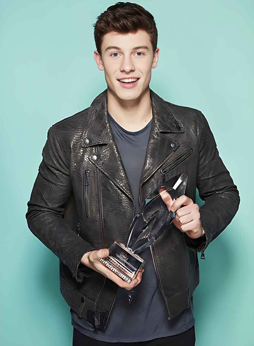 Iconic leather jacket reminiscent of Shawn Mendes' style