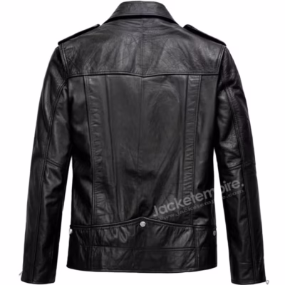 Back view of black leather motorcycle jacket showing panel details
