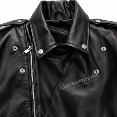 Close-up of leather jacket collar and snap button details