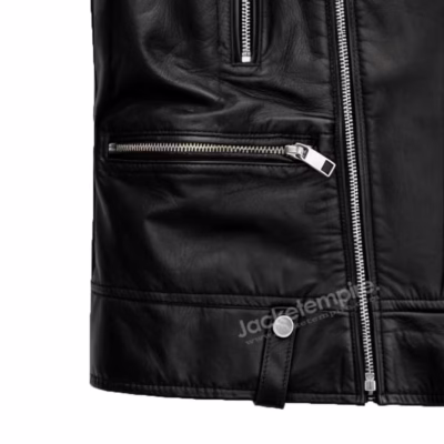Detail of motorcycle jacket zipper pockets and hardware