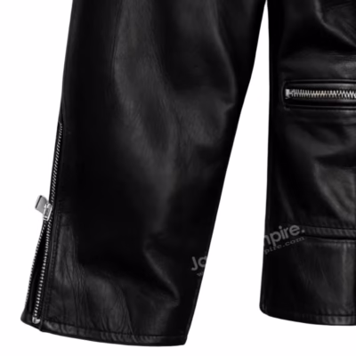 Side view of leather jacket sleeve with zipper detail