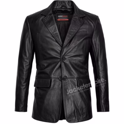 Full front view of black leather blazer displaying lapels and pocket details