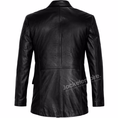 Back view of premium black leather blazer showing detailed stitching