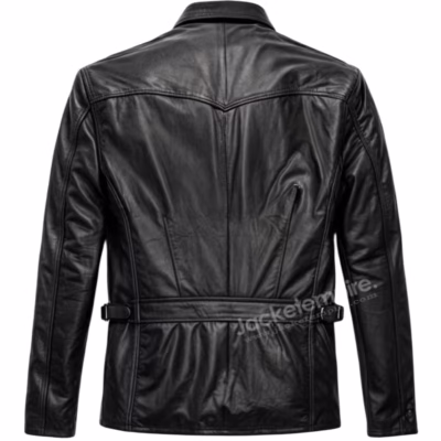 Back view of black leather jacket showing tailored fit and waist adjusters
