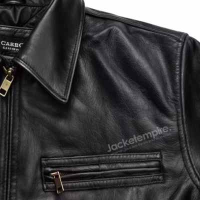 Close-up detail of leather jacket collar and brass zipper hardware