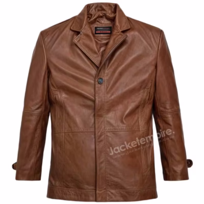 Brown leather blazer jacket displayed on white background showing front design