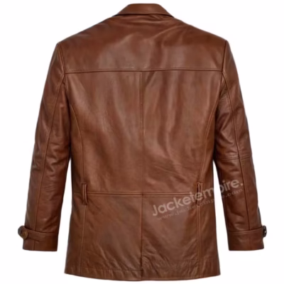 Back view of brown leather blazer showing detailed stitching and panels