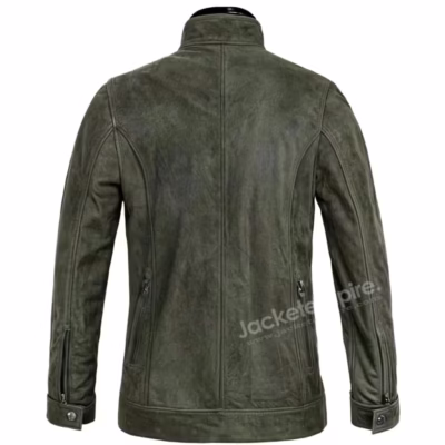 Back view of military green leather jacket showing detailed paneling and fitted cut