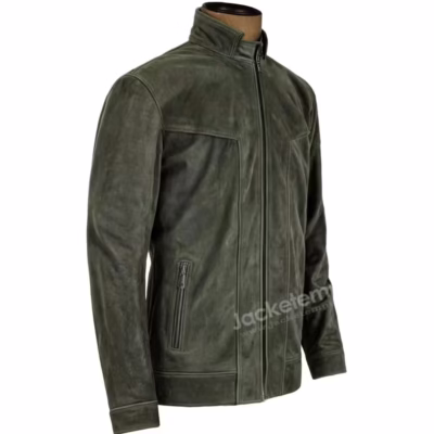 Side angle view of military green leather jacket displaying pocket details and sleeve design