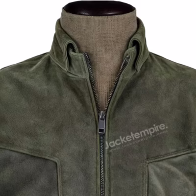Close collar view of green leather jacket.