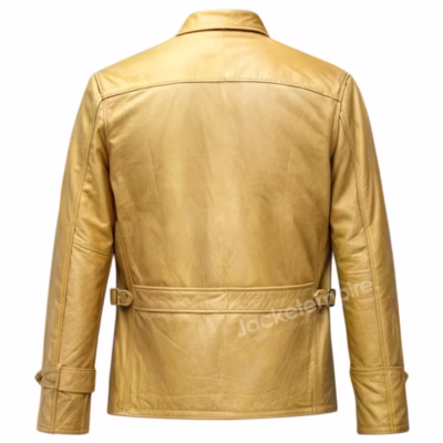 Back view of Yellow leather jacket showing sleek panel design and adjustable waist straps