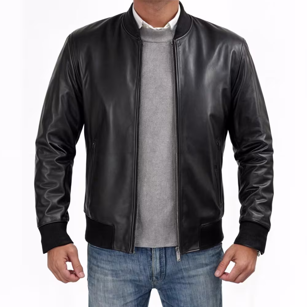 Models worn Midnight Maverick sleek leather bomber jacket