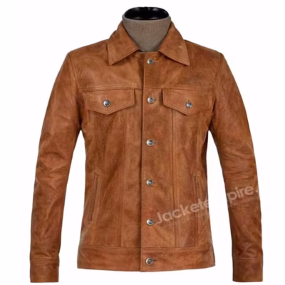 Front view of tan leather trucker jacket with button closure and chest pockets Image