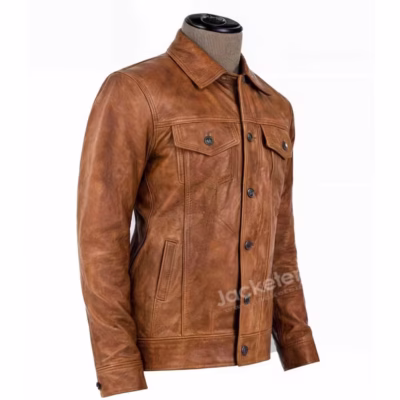 Side view of tan leather jacket on mannequin, showcasing fit and texture Image