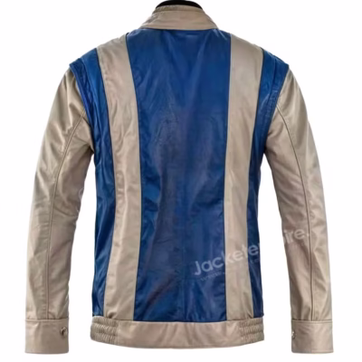 Back view of retro racing leather jacket displaying vertical stripe pattern