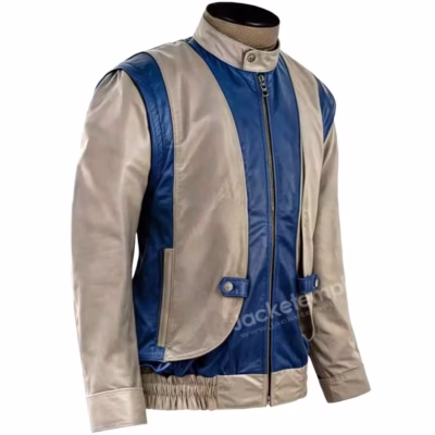 Side angle view of vintage two-tone leather racing jacket showing detail stitching