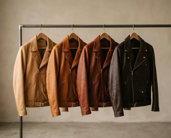 Cognac, camel, tan and dark brown leather jackets compared side by side