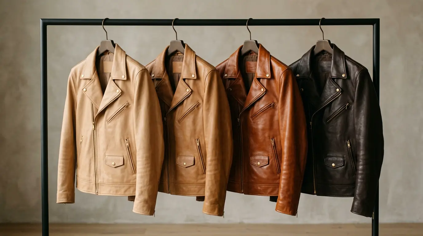Cognac, camel, tan and dark brown leather jackets compared side by side