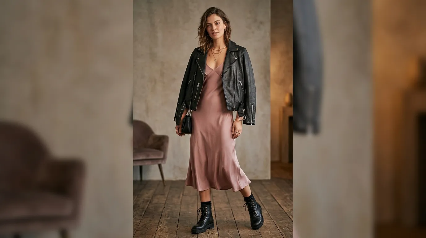 Women's brown leather jacket in warm cognac styled with knit and denim