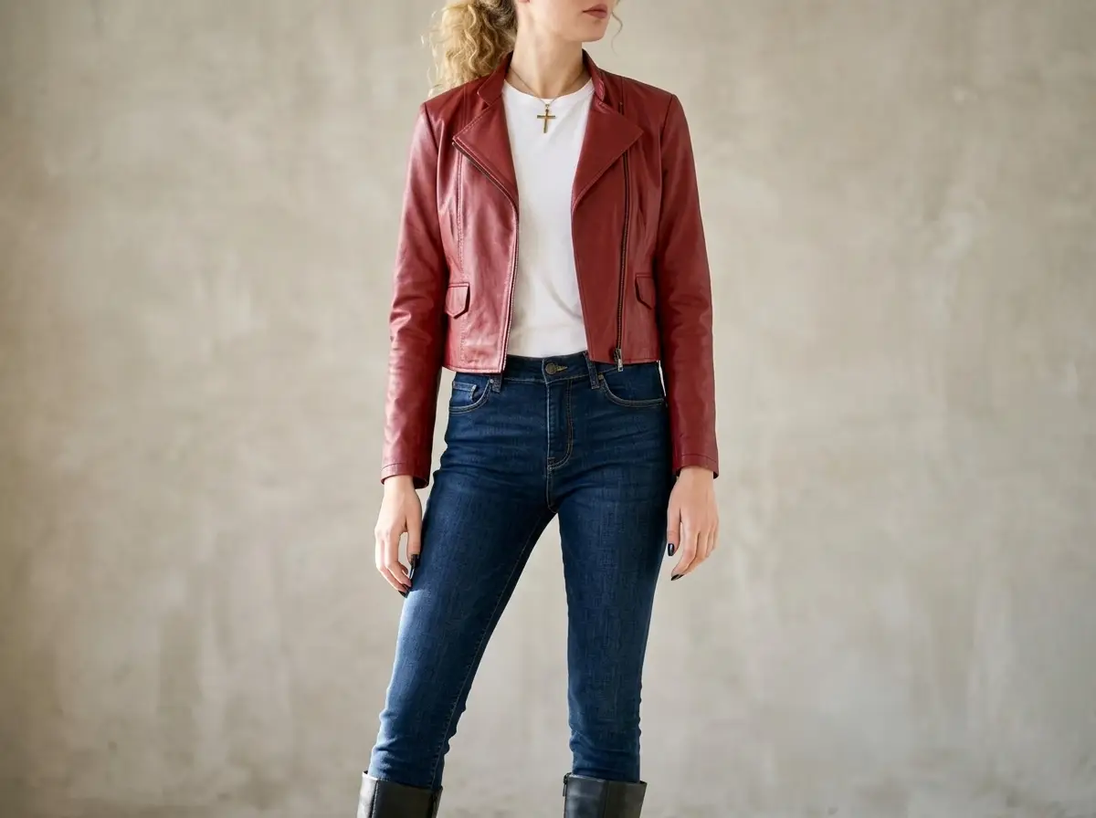 Red leather jacket styled with all-black outfit, edgy look