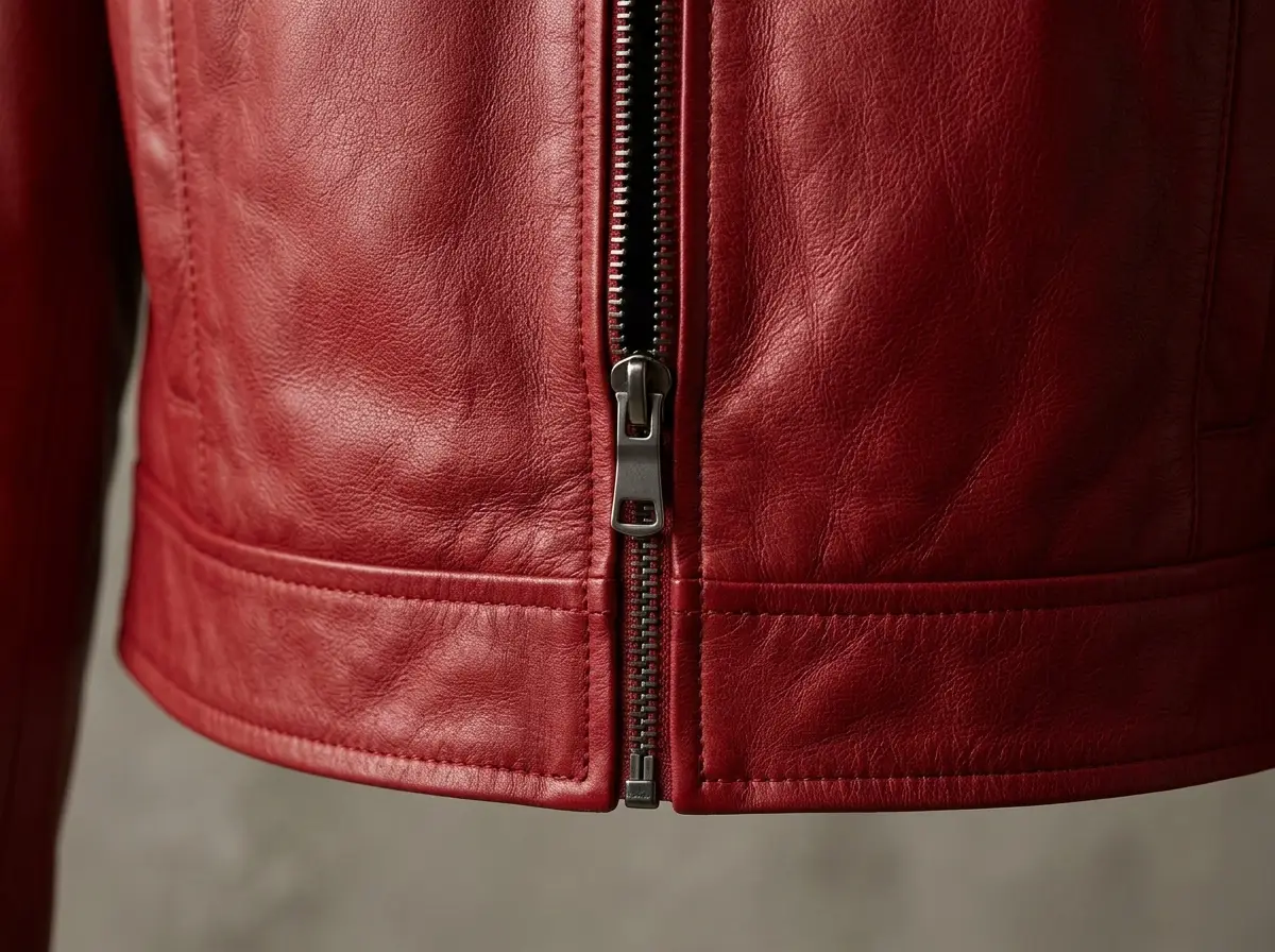 Detail of a true red genuine leather jacket front zip and cropped hem