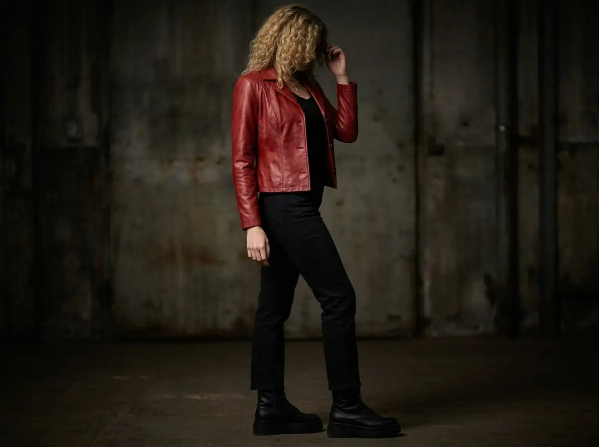 How to style a Buffy red leather jacket with white tee and jeans